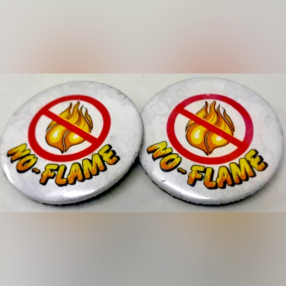 Vintage 1970s Set of 2 NO FLAME Fire Illustrated Pinback Buttons Antique Rare